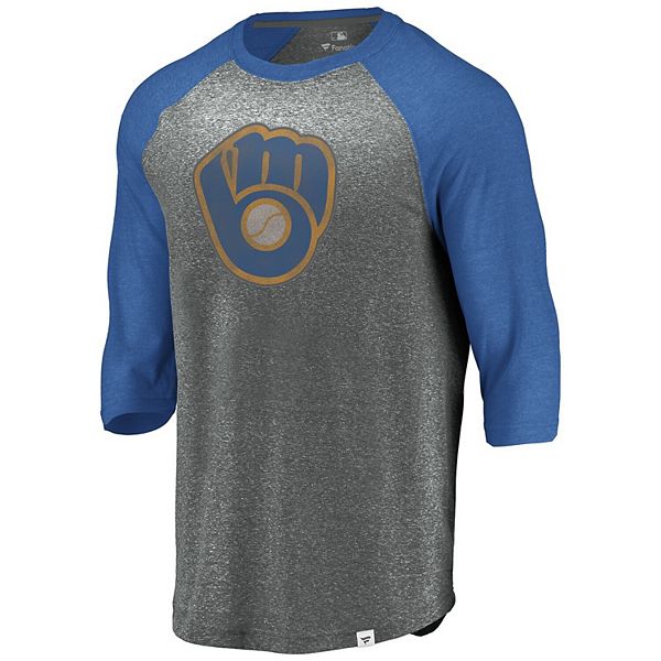 Men's Fanatics Branded Heathered Gray/Royal Milwaukee Brewers Cooperstown  Collection Massive Devotees Tri-Blend Raglan 3/4-Sleeve T-Shirt