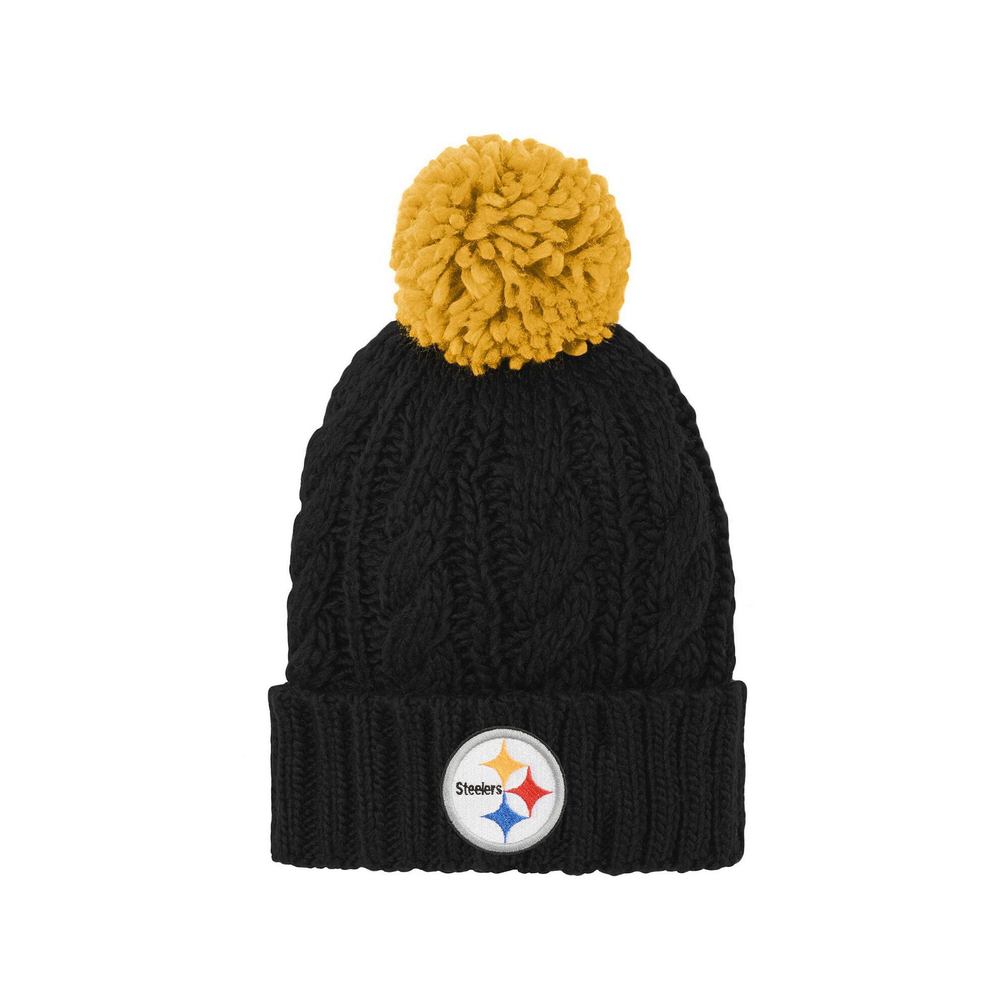 Girls Youth Black Pittsburgh Steelers Team Cable Cuffed Knit Hat with Pom