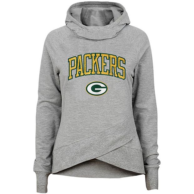 Youth Heathered Gray Green Bay Packers Glam Girl Funnel Neck Pullover Hoodie