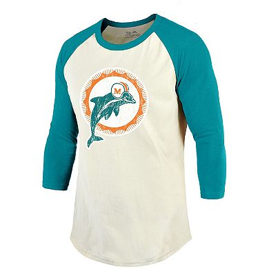 Dan Marino Miami Dolphins Majestic Threads Vintage Inspired Player Name & Number 3/4-Sleeve Raglan T-Shirt - Cream/Aqua