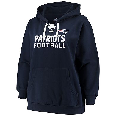 Women's Majestic Navy New England Patriots Plus Size Lace-Up Fleece Pullover Hoodie
