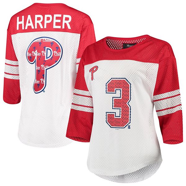 Women's G-III 4Her by Carl Banks Bryce Harper White Philadelphia Phillies  Mesh Player 3/4-Sleeve Jersey T-Shirt