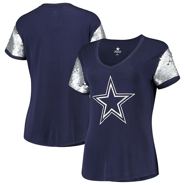 Women's Navy Dallas Cowboys Cherry Sequin Sleeve TShirt