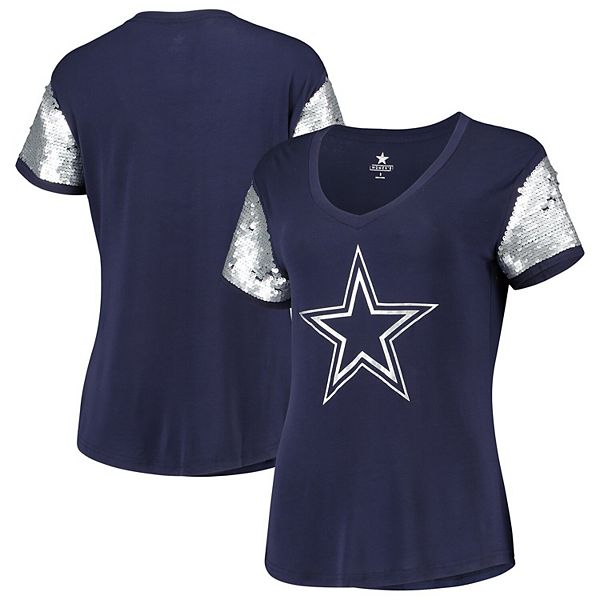 Women's Navy Dallas Cowboys Cherry Sequin Sleeve T-Shirt