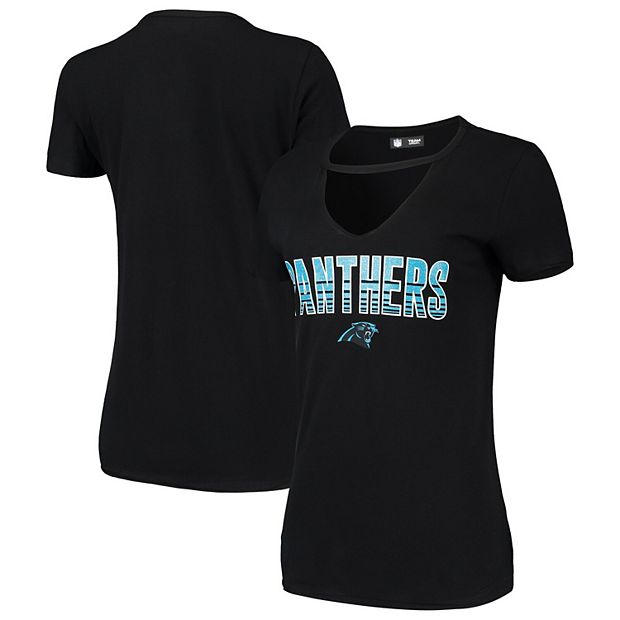 Women's New Era Black Carolina Panthers Gradient Glitter Choker V-Neck T- Shirt