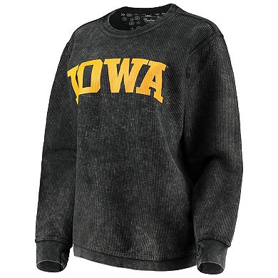Women's Pressbox Black Iowa Hawkeyes Comfy Cord Vintage Wash Basic Arch Pullover Sweatshirt