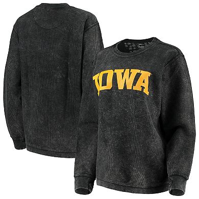 Women's Pressbox Black Iowa Hawkeyes Comfy Cord Vintage Wash Basic Arch Pullover Sweatshirt