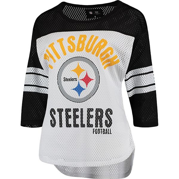 Women's G-III 4Her by Carl Banks White/Black Pittsburgh Steelers First Team  Three-Quarter Sleeve Mesh T-Shirt