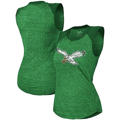 Women's Majestic Threads Kelly Green Philadelphia Eagles Retro Tri-Blend Raglan Muscle Tank Top