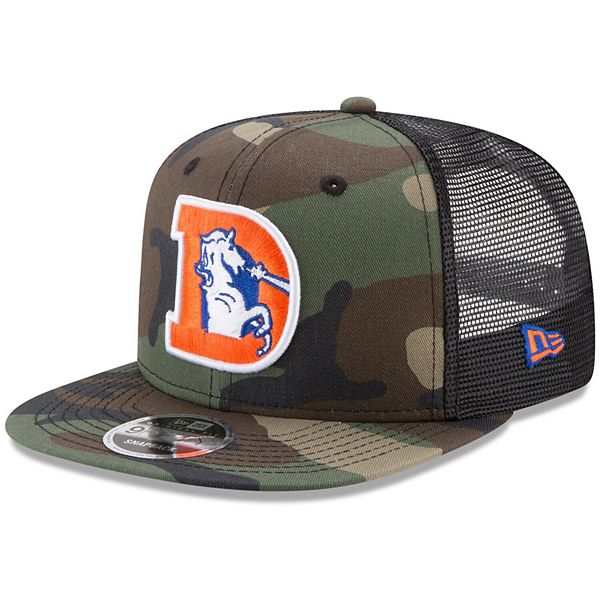 Men's New Era Woodland Camo/Black Denver Broncos Throwback Logo Trucker  9FIFTY Snapback Adjustable Hat