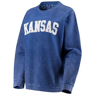 Women's Pressbox Royal Kansas Jayhawks Comfy Cord Vintage Wash Basic Arch Pullover Sweatshirt