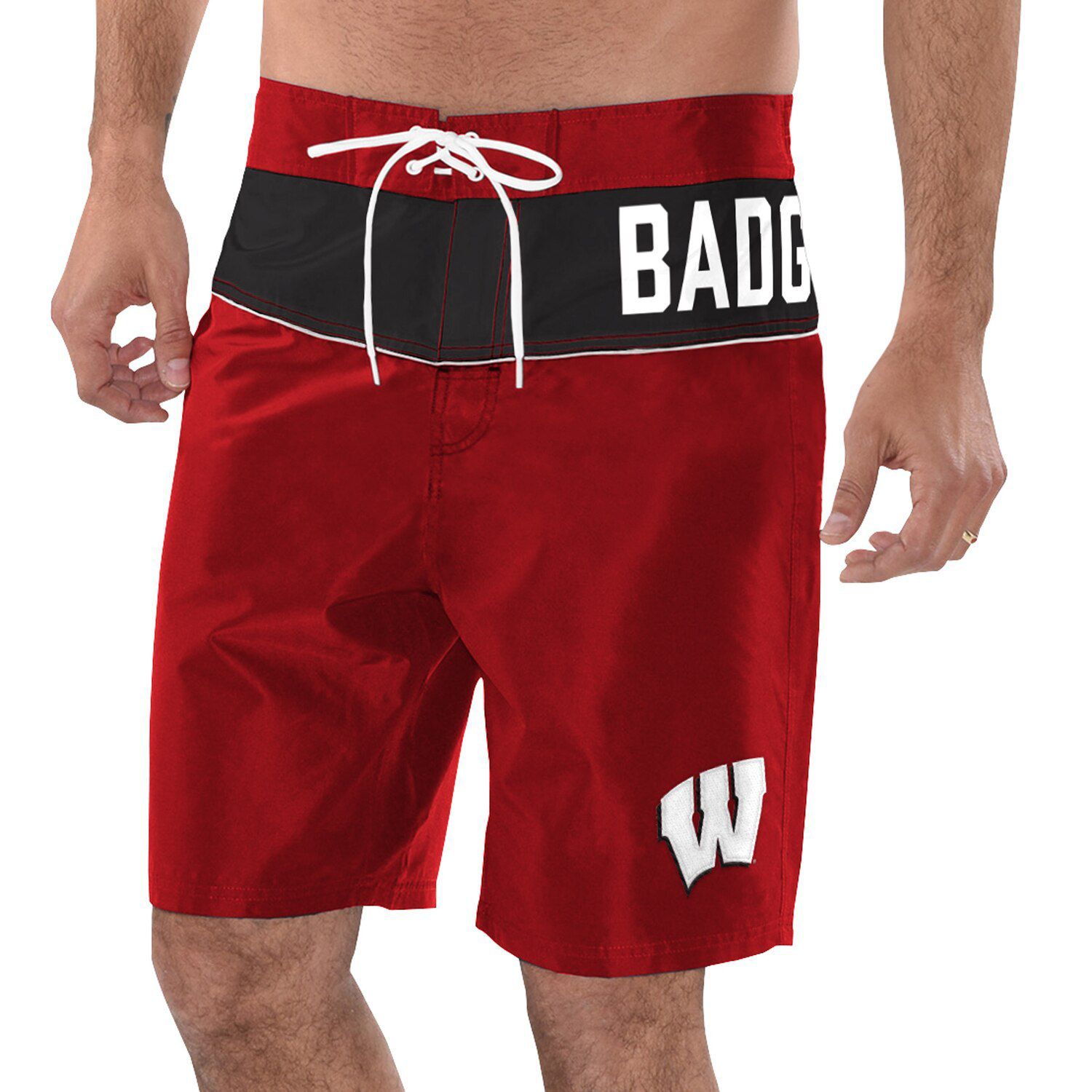 red and black swim trunks