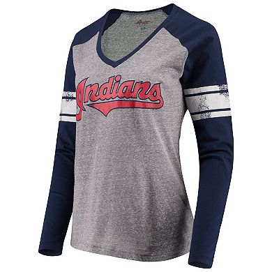 Women's G-III 4Her by Carl Banks Gray/Navy Cleveland Indians Franchise Tri-Blend Raglan Long Sleeve T-Shirt