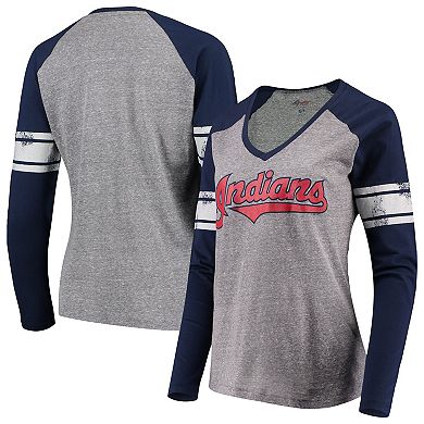 Women's G-III 4Her by Carl Banks Gray/Navy Cleveland Indians Franchise Tri-Blend Raglan Long Sleeve T-Shirt