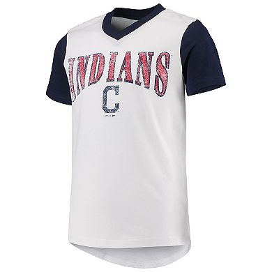 Youth White/Navy Cleveland Indians Heavy Hitter V-Neck T-Shirt