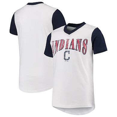 Youth White/Navy Cleveland Indians Heavy Hitter V-Neck T-Shirt