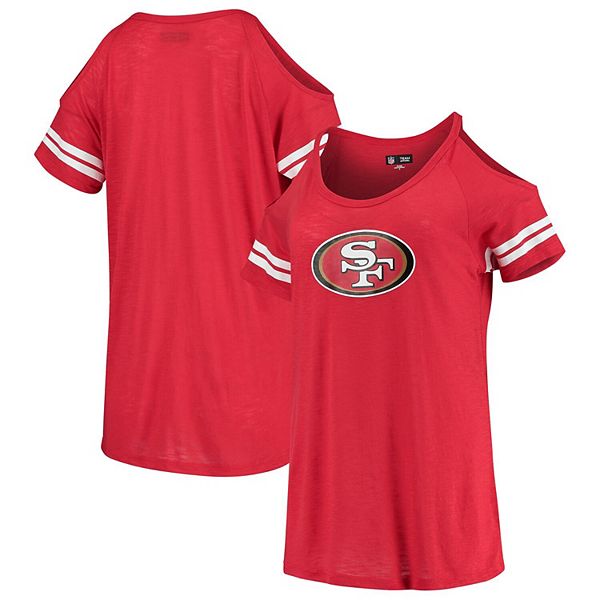 Women's New Era Scarlet San Francisco 49ers Varsity Cold Shoulder T-Shirt