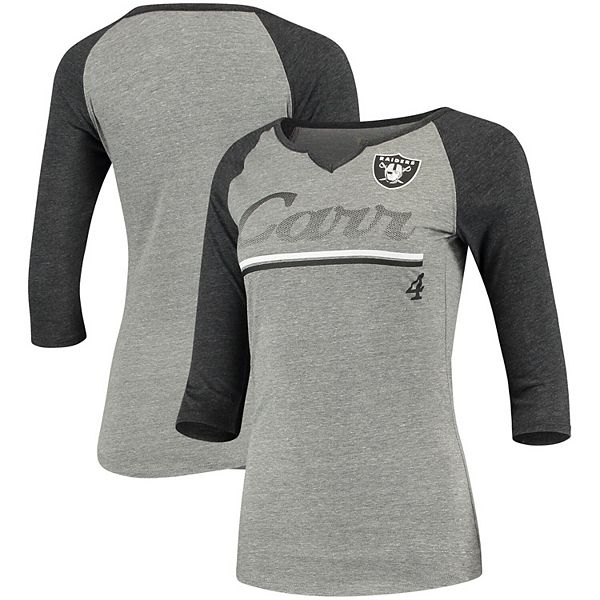 Women's Juniors Derek Carr Heathered Gray/Black Las Vegas Raiders Over the  Line Player Name & Number Tri-Blend 3/4-Sleeve V-Notch T-Shirt