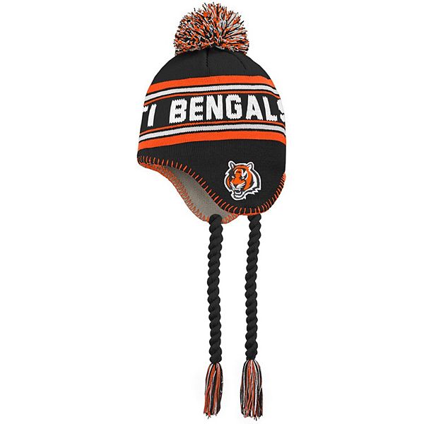 Youth Black/Orange Cincinnati Bengals Jacquard Tassel Knit Hat with Pom