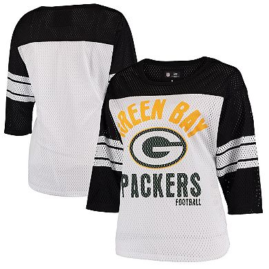 Women's G-III 4Her by Carl Banks White/Black Green Bay Packers First Team Three-Quarter Sleeve Mesh T-Shirt