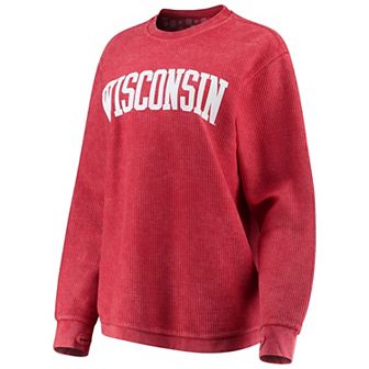 Women's Pressbox Red Wisconsin Badgers Comfy Cord Vintage Wash Basic Arch Pullover Sweatshirt
