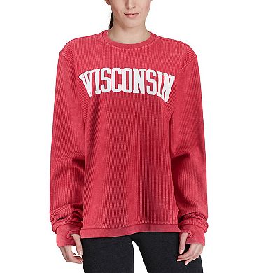 Women's Pressbox Red Wisconsin Badgers Comfy Cord Vintage Wash Basic Arch Pullover Sweatshirt