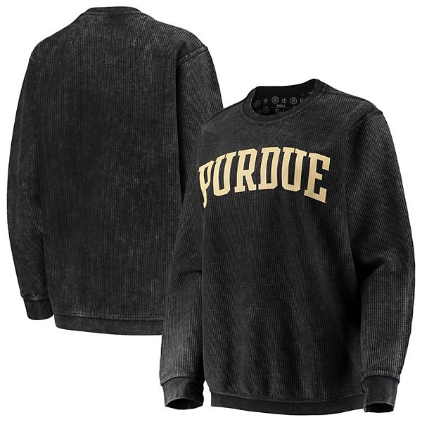 Women's Pressbox Black Purdue Boilermakers Comfy Cord Vintage Wash Basic  Arch Pullover Sweatshirt