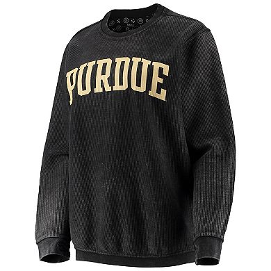 Women's Pressbox Black Purdue Boilermakers Comfy Cord Vintage Wash Basic Arch Pullover Sweatshirt