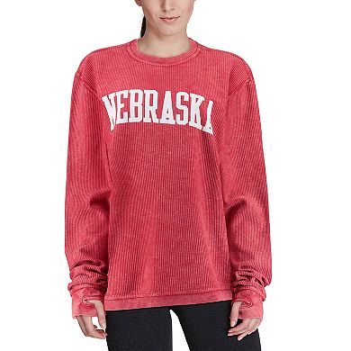 Women's Pressbox Scarlet Nebraska Huskers Comfy Cord Vintage Wash Basic Arch Pullover Sweatshirt