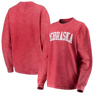 Women's Pressbox Scarlet Nebraska Huskers Comfy Cord Vintage Wash Basic Arch Pullover Sweatshirt