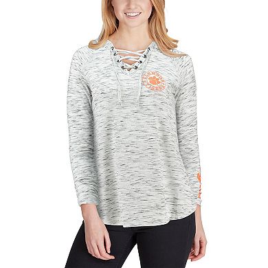 Women's Pressbox Gray Clemson Tigers Space Dye Lace-Up V-Neck Long Sleeve T-Shirt