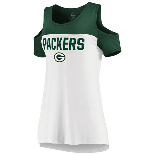 Women's Majestic White/Green Green Bay Packers Pure Dedication Open  Shoulder T-Shirt