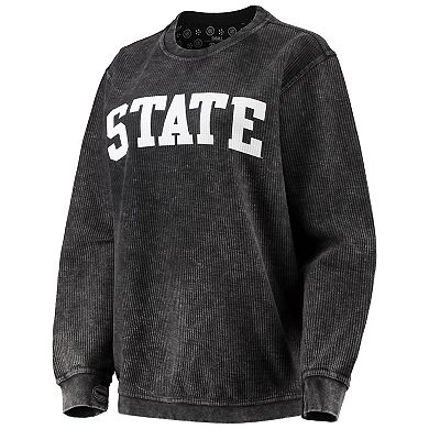 Women's Pressbox Black Michigan State Spartans Comfy Cord Vintage Wash Basic Arch Pullover Sweatshirt