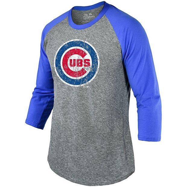 Men's Majestic Threads Heathered Gray/Royal Chicago Cubs Current Logo  Tri-Blend 3/4-Sleeve Raglan