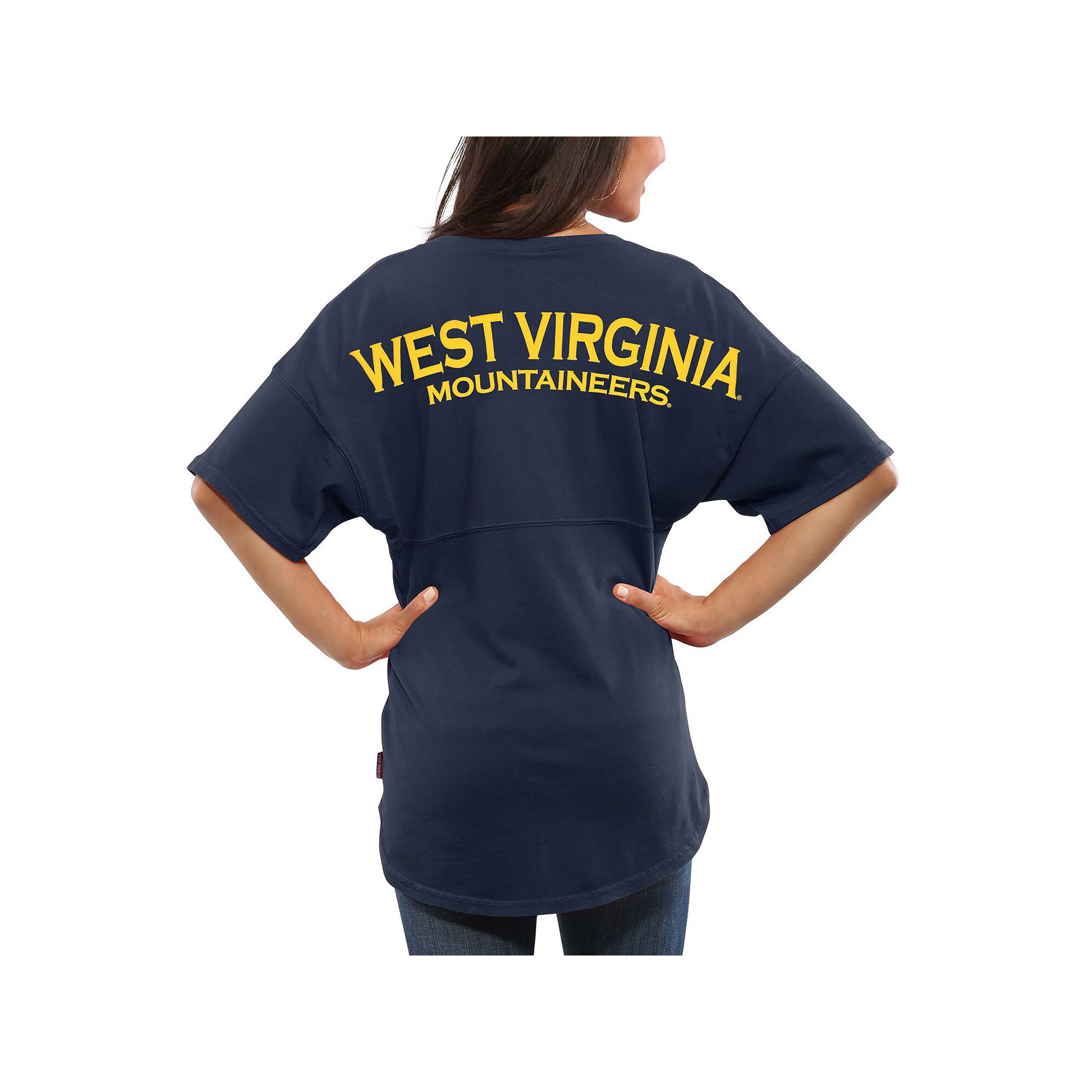 Womens Navy West Virginia Mountaineers Spirit Jersey Oversized T-Shirt, Si