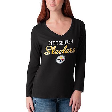Women's G-III 4Her by Carl Banks Black Pittsburgh Steelers Post Season Long Sleeve V-Neck T-Shirt