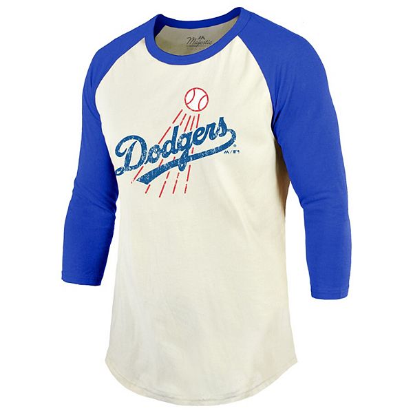 Men's Majestic Threads Cream/Royal Los Angeles Dodgers Cooperstown  Collection Raglan 3/4-Sleeve T-Shirt