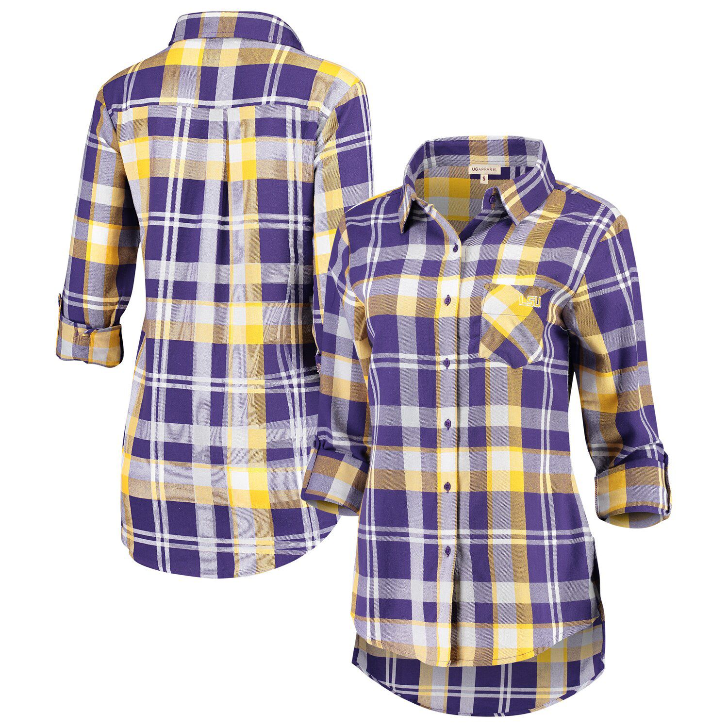 purple and yellow plaid shirt