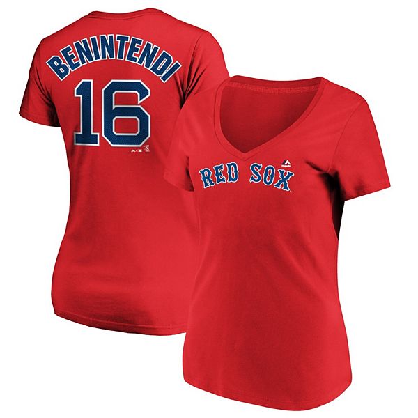 Women's Majestic Andrew Benintendi Navy Boston Red Sox Double Play Cap Logo  Name & Number V-Neck T-Shirt