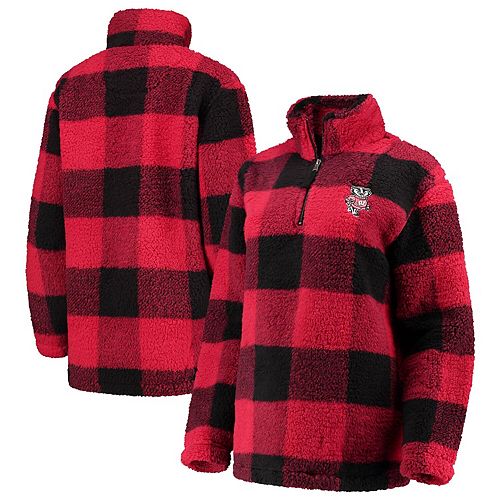 red and black plaid sherpa pullover