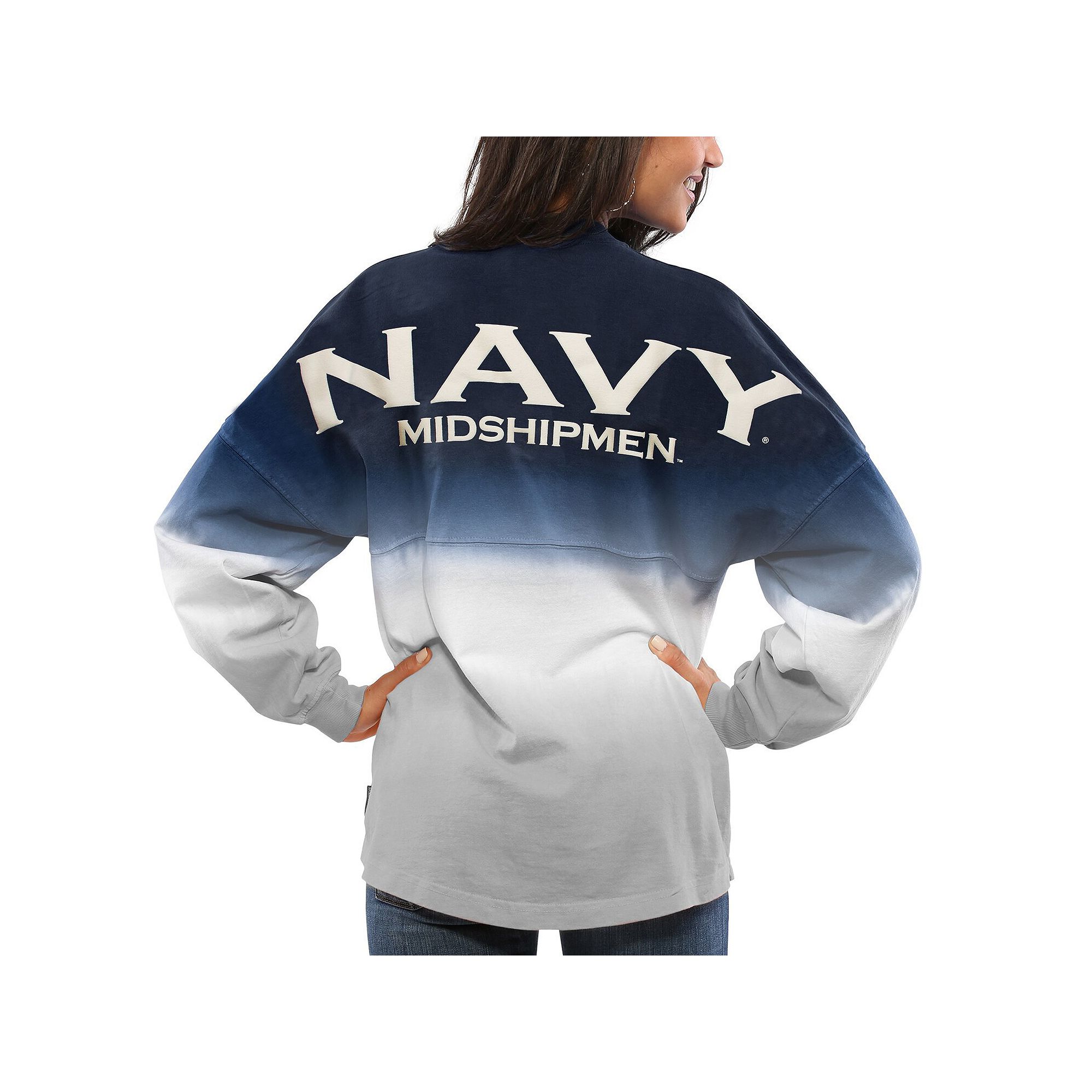 Womens Navy Navy Midshipmen Ombre Long Sleeve Dip-Dyed Spirit Jersey, Size