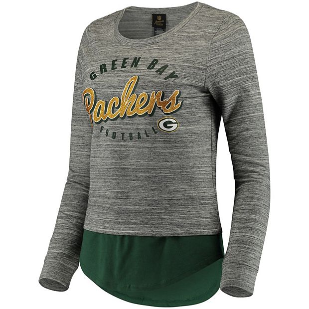 Green Bay Packers Women's Heathered Gray Throwing Down Scoop Neck 3/4-Sleeve  T-Shirt