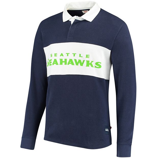 Men's College Navy, White Seattle Seahawks Varsity Stripe Rugby Long Sleeve  Polo Shirt