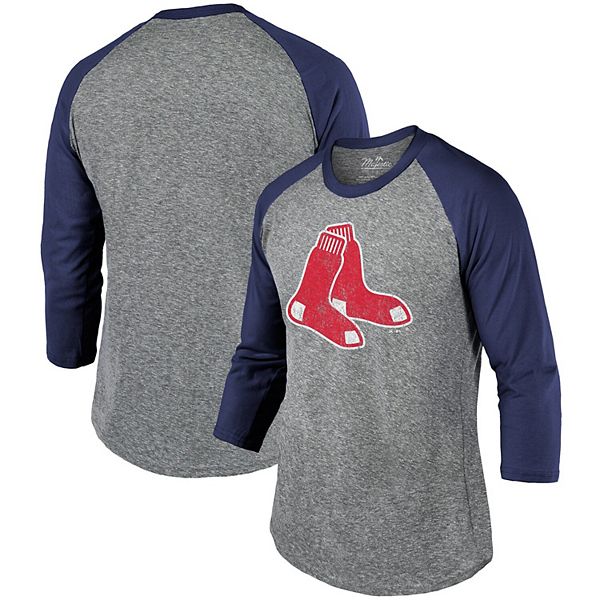 Men's Majestic Threads Heathered Gray/Navy Boston Red Sox Current Logo  Tri-Blend 3/4-Sleeve Raglan T-Shirt