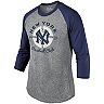 Mickey Mantle New York Yankees Majestic Threads Cooperstown Collection Name & Number Tri-Blend 3/4-Sleeve T-Shirt - Gray/Navy