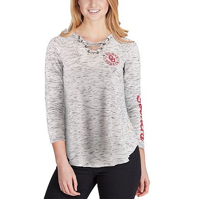 Women's Pressbox Gray Oklahoma Sooners Space Dye Lace-Up V-Neck Long Sleeve T-Shirt