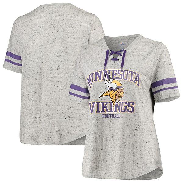 Women's Majestic Heathered Gray Minnesota Vikings Plus Size Striped Lace-Up  V-Neck T-Shirt