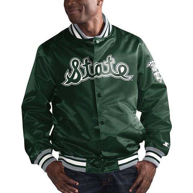 White Satin Baseball Jacket with Green Pockets and Knit Lines