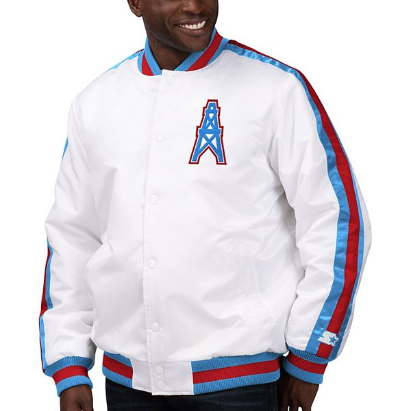 Men's Houston Oilers Starter White/Light Blue Historic Logo Renegade Satin  Varsity Full-Snap Jacket