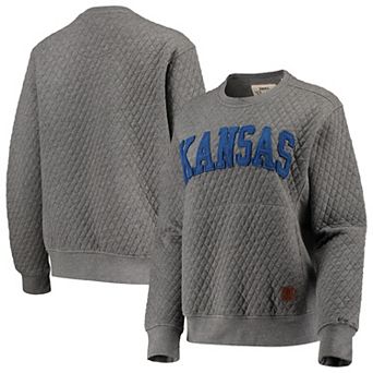Women's Pressbox Heathered Gray Kansas Jayhawks Moose Applique Quilted Crewneck Sweatshirt